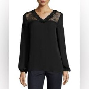Elie Tahari Phoebe Long Sleeve Tasseled Lace Yoke Silk Blouse Black M Medium